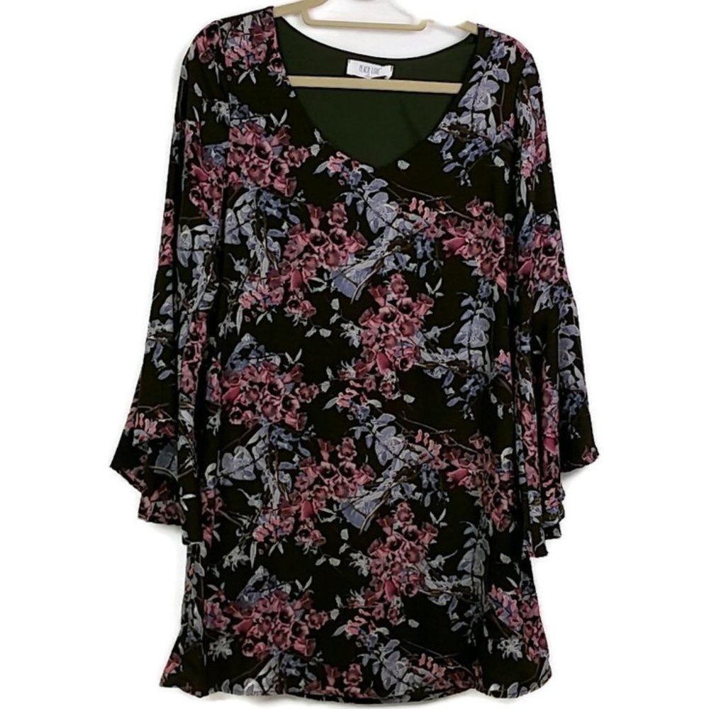 Peach Love California Floral Mini Dress Womens S Olive Green Bell Sleeve Boho